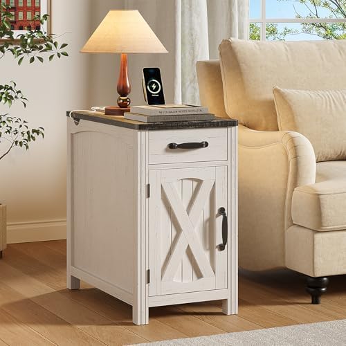 ONBRILL Farmhouse End Table with Charging Station,Rustic White