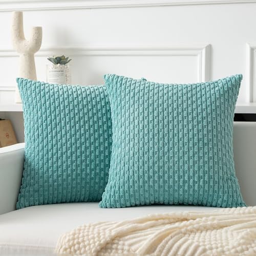 Kevin Textile Soft Corduroy 20x20 Inch Pillow Covers 2 Pack, Aqua Green
