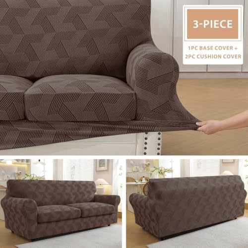 ZNSAYOTX 3 Piece Stretch Couch Covers (72"-90") New-Rectangle Texture, Thick Sofa Covers for 2 Cushion Couch Universal Sofa Slip Cover with Elastic Bottom & Buckle, Washable Protector Brown