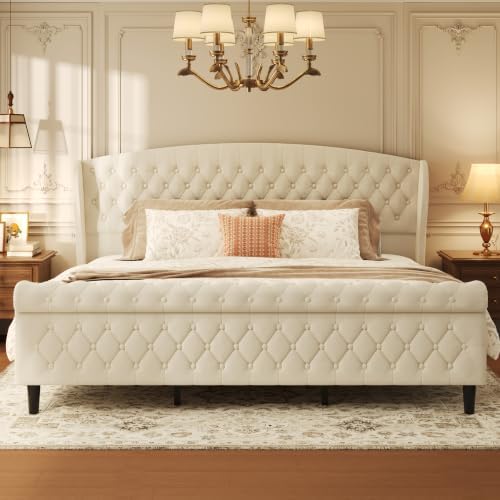 HISOFT King Platform Bed Frame, Velvet Upholstered Sleigh Bed with Wingback Tufted Headboard and Footboard, Noise-Free Design, Easy Assembly, No Box Spring Needed, Light Beige