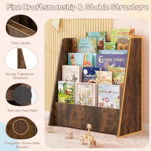 Costzon 5-Tier Kids Bookshelf, Wooden Children Bookcase, Toddler Book Rack, Magazine Storage & Display Shelf, Book Shelf for Kids Room, Living Room, Nursery, Classroom (Brown, 4 Tier)
