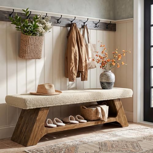 Tribesigns 55" Solid Wood Bench with Cushion, Upholstered Entryway Bench