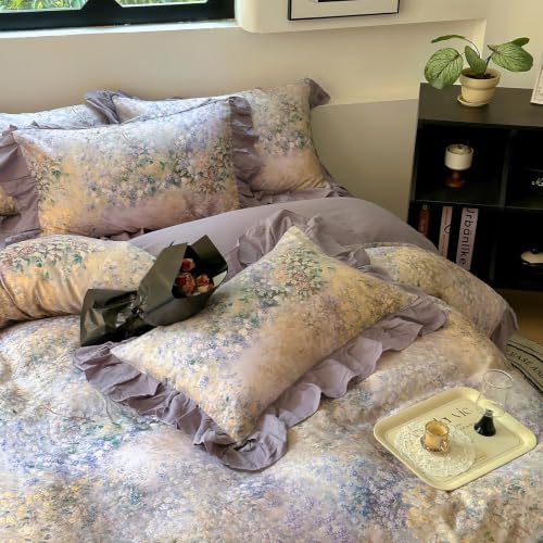 Double Gauze Duvet Cover Set Twin Puprle Ruffle with Flower