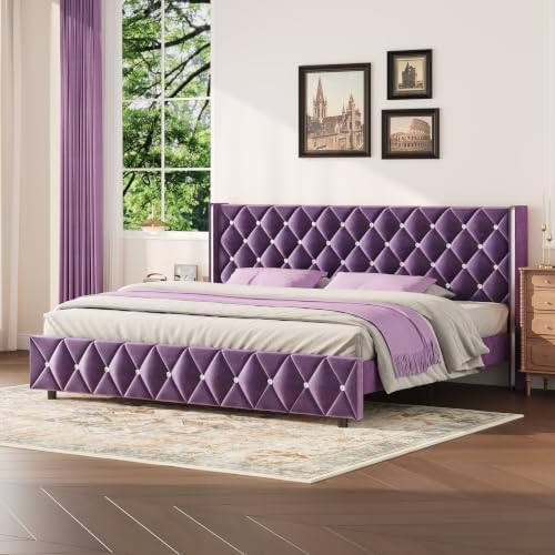 HOMBCK King Bed Frame with Velvet Headboard, Silverside Wingback, Purple