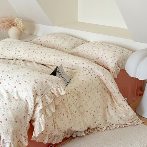 Girls Flower Duvet Cover Set Muslin Cotton Twin(68"x86"),Rabbit
