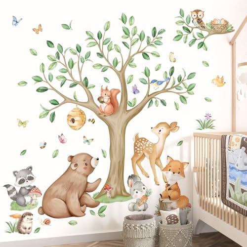 wondever Woodland Animal Wall Decals Tree Bear Deer Fox Owl Wall Stickers