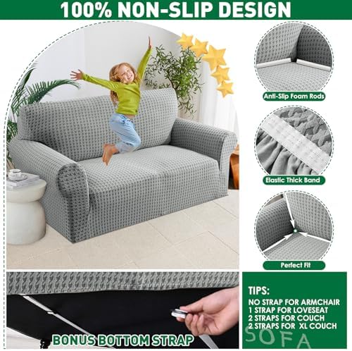 MAXIJIN Stretch Loveseat Couch Cover for 2 Cushion Couch (55"-69" Washable Sofa Slipcovers with Non-Slip Foam & Elastic Strap, Dog Cat Pet Friendly Furniture Protector (Medium, Light Gray)