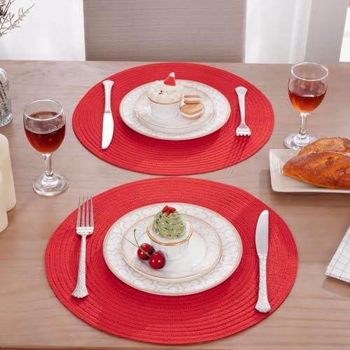 SHACOS 15" Red Round Braided Placemats Set of 6 Washable Fabric Place Mats