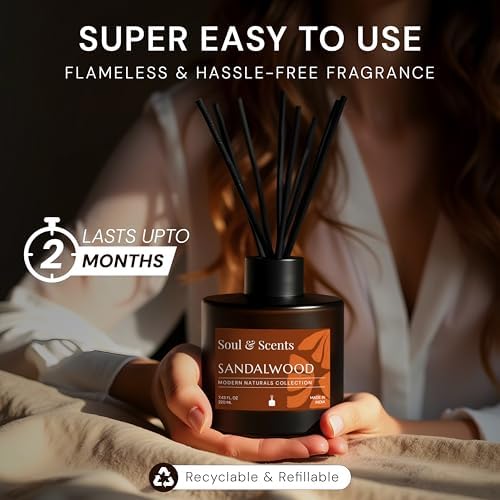 Soul & Scents 7.44 oz (220ML) Sandalwood Reed Diffuser Set with 6 Fiber Sticks|Stress Relief & Aromatherapy|Long-Lasting, Smoke-Free Air Freshener for Home, Bedroom & Office Decor|Ideal for Gifting
