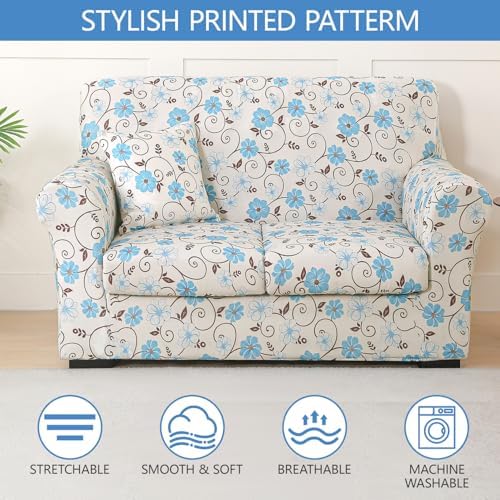 Stretch Printed Sofa Cover Couch Covers, 4-Piece Loveseat Slipcovers with 2 Separate Cushion Cover & 1 Pillow Case, Washable Spandex Furniture Protector for Living Room(Loveseat, Floral)