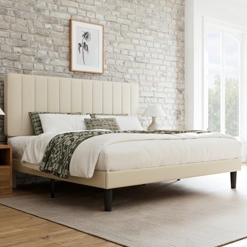 GOLDORO King Size Bed Frame with Adjustable Headboard, Linen Upholstered Platform Bed, Vertical Channel Tufted Design, Wooden Slat Support, No Box Spring Needed, Easy Assembly, Beige
