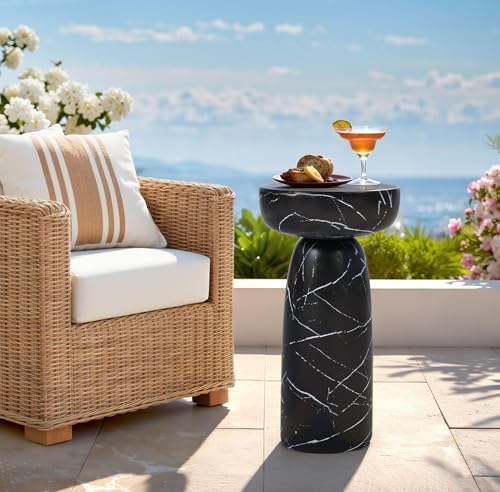 Faux Marble Side Table Black, 24Inch Outdoor End Table