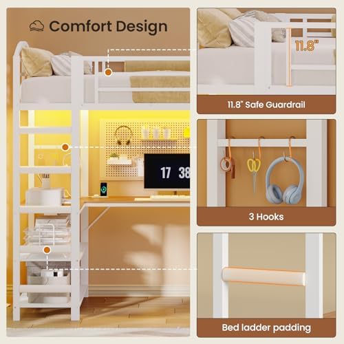 Twin Size Gaming Loft Bed with Desk, 4 Fabric Drawers, RGB LED Lights & Under-Bed Play Zone with Soft Padded 2-Step Ladder, Space-Saving Bed for Kids, Teens (White, L-Shape Desk)