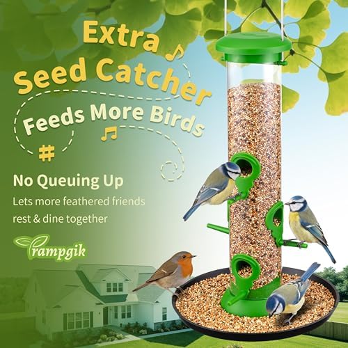 Tube Bird Feeders for Outdoors, 13" 6-Port Seed Catcher, Lawn Green, 2 PK
