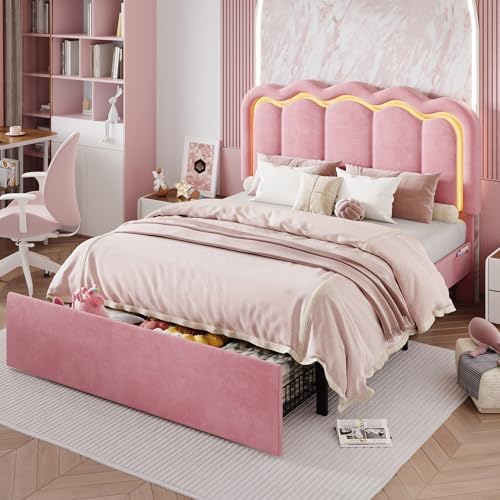 SHA CERLIN Queen Size Bed Frame with LED Lights and Storage Drawer, Pink