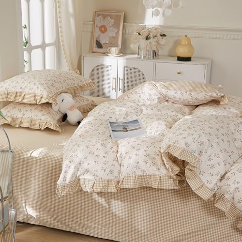 mixinni Beige Floral Duvet Cover Twin Size, 100% Cotton Cute Strawberry Floral Ruffle Bedding Set, Vintage Cottagecore Reversible Tan Gingham Aesthetic 3PC with Zipper Closure & Pillowcases