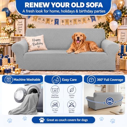 KEKUOU Stretch Couch Covers for Sofa, 3 Cushion Couch Slipcover,Silver