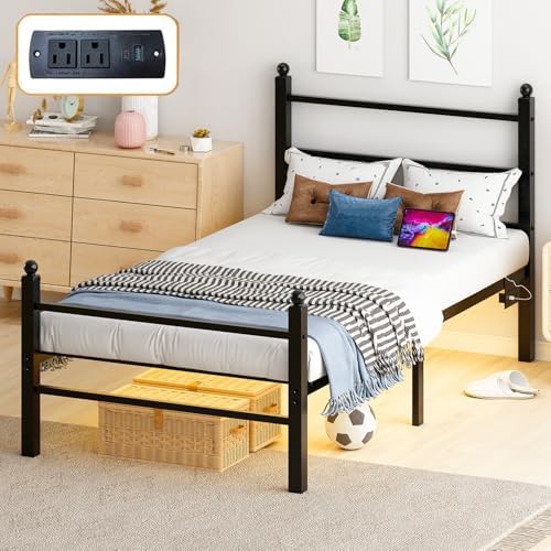 Twin Black Metal Platform Bed Frame with Headboard & Footboard
