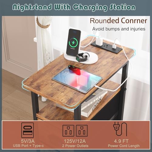shtmec Narrow End Table Set of 2 with Charging Station, LED Side Tables Set 2 with Fabric Drawers, Small Bedside Tables Nightstands for Small Space, Slim Sofa Couch Table for Livingroom,Rustic Brown