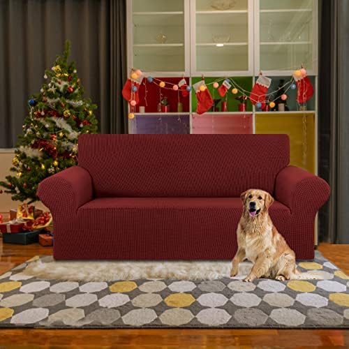 KEKUOU Stretch Loveseat Couch Cover, 2 Cushion Couch Slipcover,Dark Red