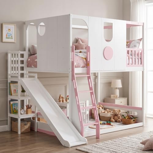 Merax Full Size Playhouse Bunk Bed with Slide and Storage Shelves, Pink