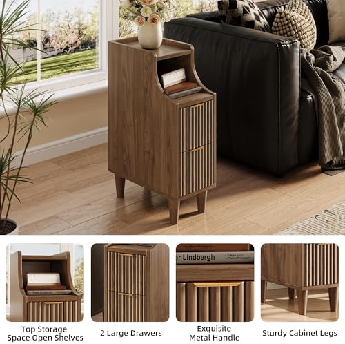 Fluted Nightstands Set of 2,Narrow Bedside Table with 2 Drawers & Storage, Farmhouse Walnut End Table Modern Side Table for Bedroom Livingroom Sofa Office