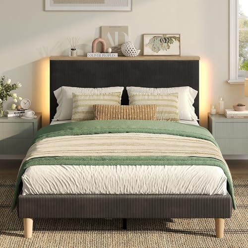 Bestier Full Bed Frame with Adjustable Headboard & LED, Upholstered, Black