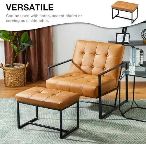 Glitzhome Ottoman Bench, Modern PU Leather Vanity Stools Chairs with Metal Frame, Makeup Stool Padded Foot Rest Stool for Living Room Vanity, Entryway, Bathroom,Light Brown