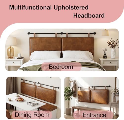 Queen Size Headboard, Wall Mounted Hanging Upholstered Bed Headboard with Modern Design Faux Leather Padded Headboards Ideal for Bedroom (Brown Leather, Queen