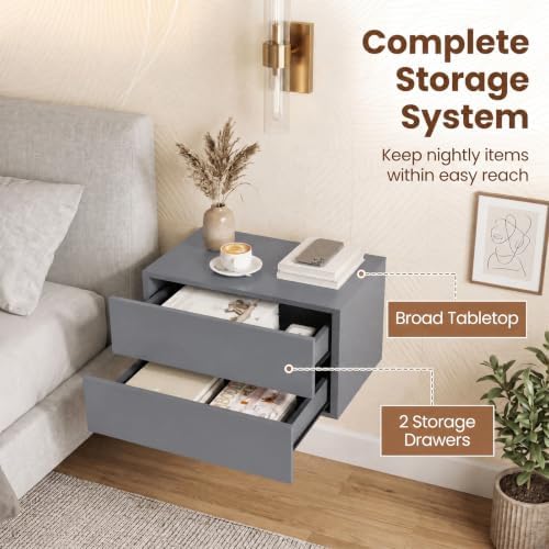 GIANTEX Floating Nightstand, Wall-Mounted Bedside Table with 2 Drawers