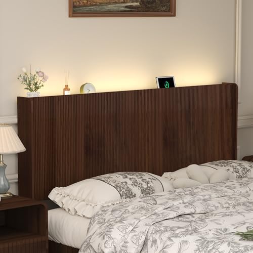 King Size Headboard Only, Fluted Wall-Mounted Head Board with Lighting, Modern Wood Bed headboard with with Charging Station Bedroom Decor, Walnut