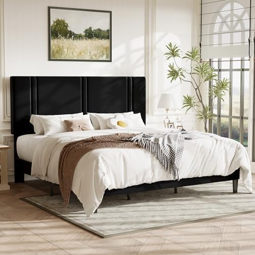 Allewie King Size Platform Bed Frame with Velvet Upholstered Headboard