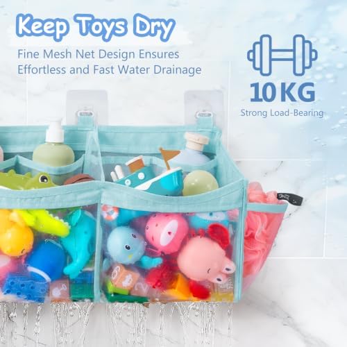 Extra Large Bath Toy Organizer with 3 Compartments and Multiple Pockets, Quick-Dry Mesh Bathtub Storage for Kids' Toys (Blue)