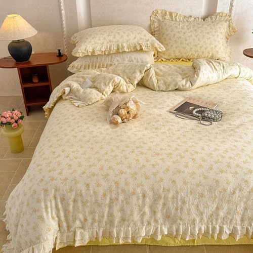 Aesthetic 100 Cotton 2 Layer Muslin Duvet Cover Set 3 Pcs(1 King Size Duvet Cover with 2 Pillowcases),Yellow Bedding Set with Zipper Ties,Lightweight Breathable Comforter Covers 104"×90"