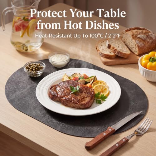 Oval Placemats Set of 4, Wipeable Faux Leather, Dark Grey