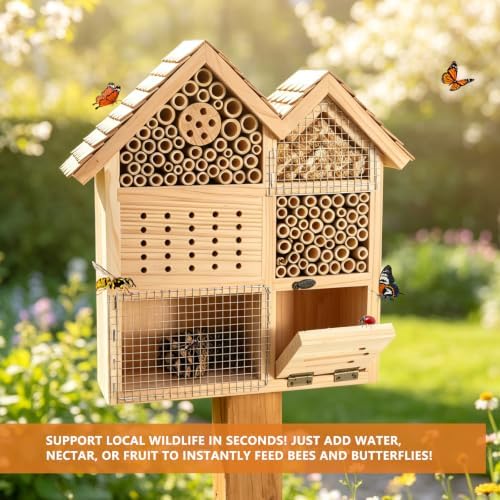 Large Wooden Insect Hotel for Outdoors - Waterproof Bee House & Butterfly Habitat with Bamboo Tubes and Pine Cones-Garden Insect for Mason Bees, Ladybugs, and Beneficial Bugs-House Shape