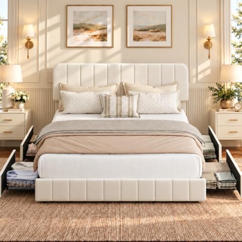 Garvee Queen Size Velvet Bed Frame with 4 Drawers, Adjustable Headboard