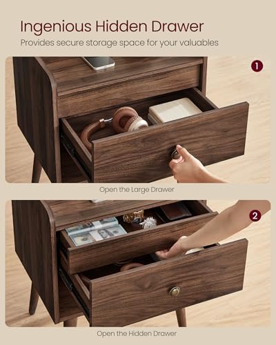 VASAGLE Nightstands, Set of 2, with Hidden Drawers, Solid Wood Legs