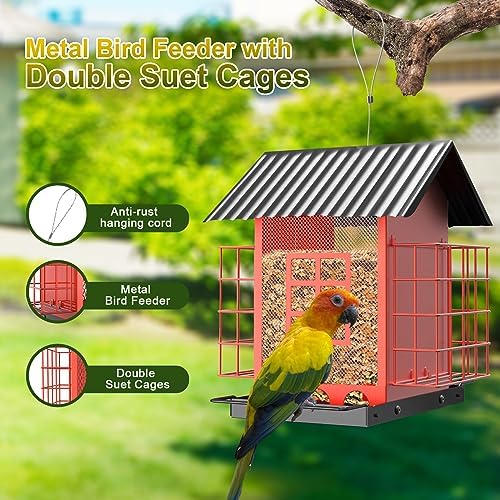 FlowaFoli Bird Feeders for Outdoors Hanging, Metal Bird Feeder with Double Suet Cage Cake, Large Capacity, Birdfeeders Sturdy & Weatherproof, Easy to Clean & Refill, Great for Attracting Wild Birds