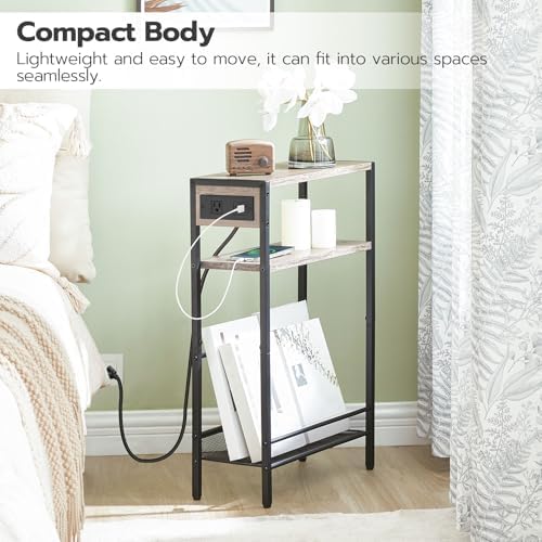 HOOBRO Small Narrow Side Table with Charging Station Set of 2, Skinny End Table for Small Spaces, Slim Nightstand with USB Ports Outlet, Sofa Beside Table with Storage Shelf BG102UBZP201