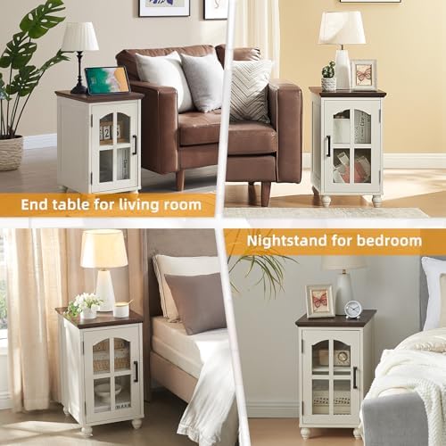 Narrow Side Table Set of 2, Farmhouse Nightstand with Charging Station