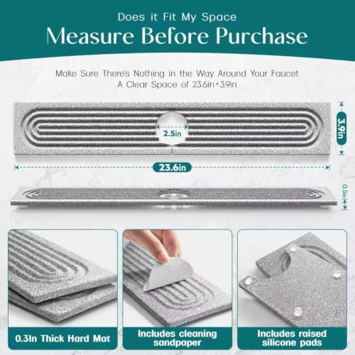 Eormoe Stone Kitchen Sink Faucet Mat, Premium Upgraded Food Grade Diatomite Drying Stone Tray & Splash Guard, Fast Drying Sink Protector for Kitchen Counter, Dishwasher Safe (23.6" x 3.9")