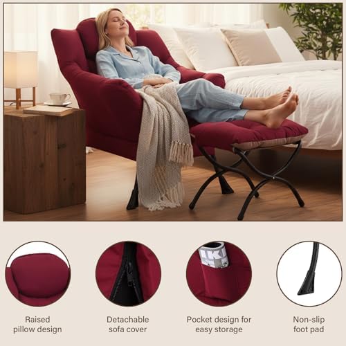 Welnow Lazy Chair with Ottoman, Reading Chair with Footrest,Burgundy