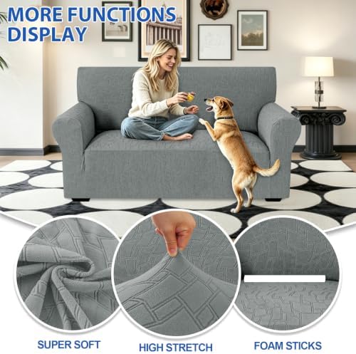 MAXIJIN Waterproof Loveseat Cover Couch Covers (55"-69"), Stretch Love Seat Sofa Slipcovers with Non Slip Elastic Bottom, Dog Pet Friendly Furniture Protector Washable (Medium, Light Gray)