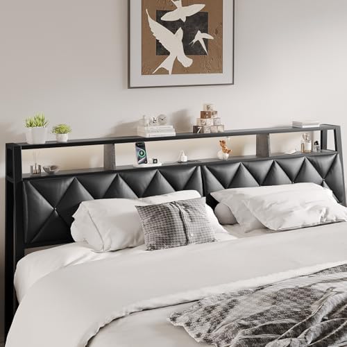 Headboard Full Size with Storage, Charging Station & Lights, Black