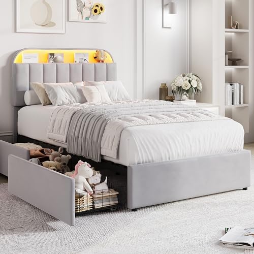 GarveeHome Twin Bed Frame, Platform Bed with Storage Headboard & Drawers