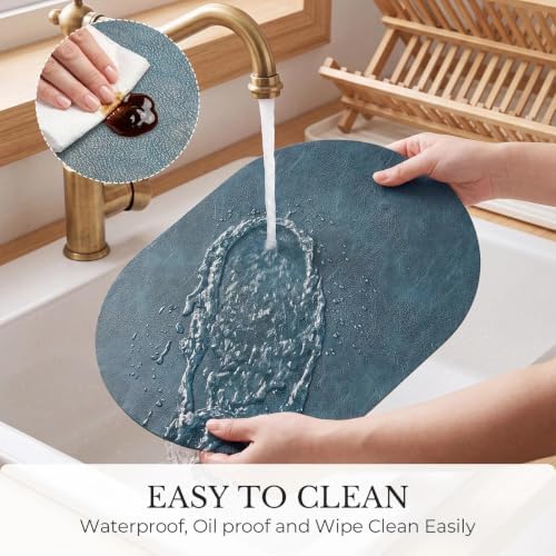 MOSAYT Vinyl Faux Leather Oval Placemats, Set of 6, Navy Blue