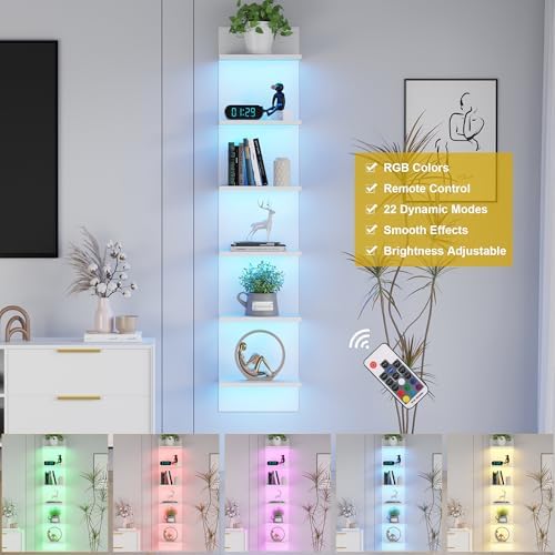Qupui 6-Tier Wall Shelf with RGB LED, 57" Floating Storage, White
