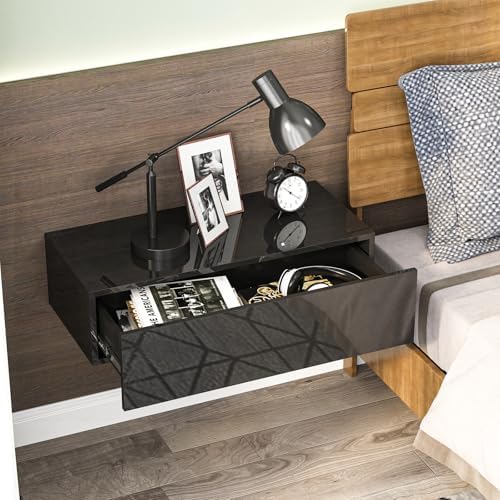 HedoAjim Black Modern Floating Wall Mounted Nightstand with Drawer Storage Wood Bedside Table Small Wall Shelf for Bedroom Living Room