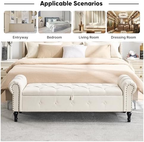 Storage Bench 67" Linen End of Bed Benches Beige